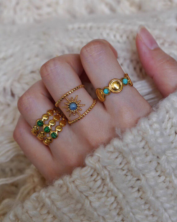 Boho Gold Turquoise Bearded Star Gem Stone Hollow Out Three Piece Set Rings