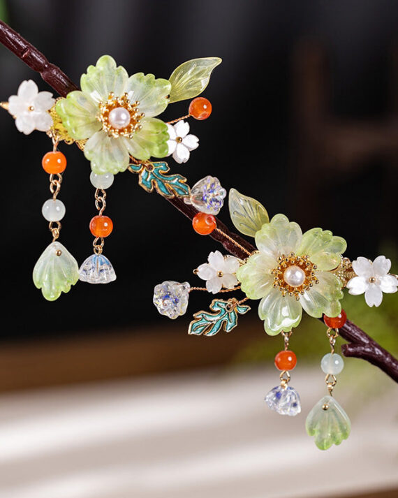 Vintage Emerald Green Alloy Pearl Colored Glaze Tassel Hairpin