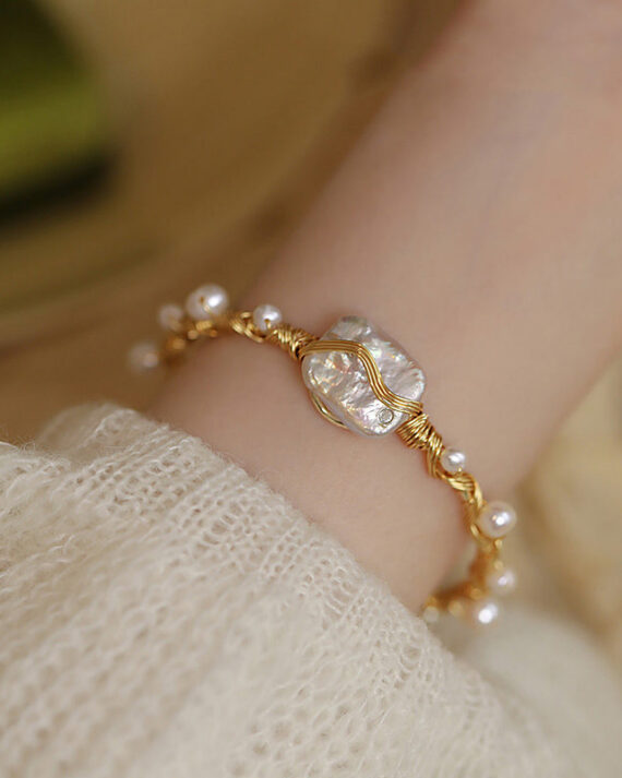 Boutique Gold Sterling Silver Overgild Pearl Cuff Bracelet