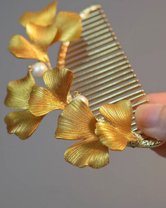 Vintage Yellow Sterling Silver Overgild Ginkgo Leaf Hairpin