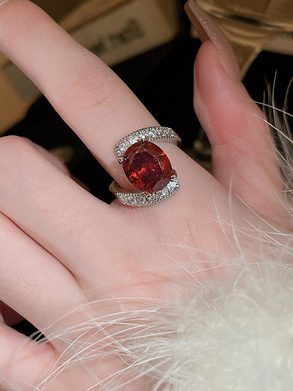 Adjustable Geometric Rhine Red Stones Ring