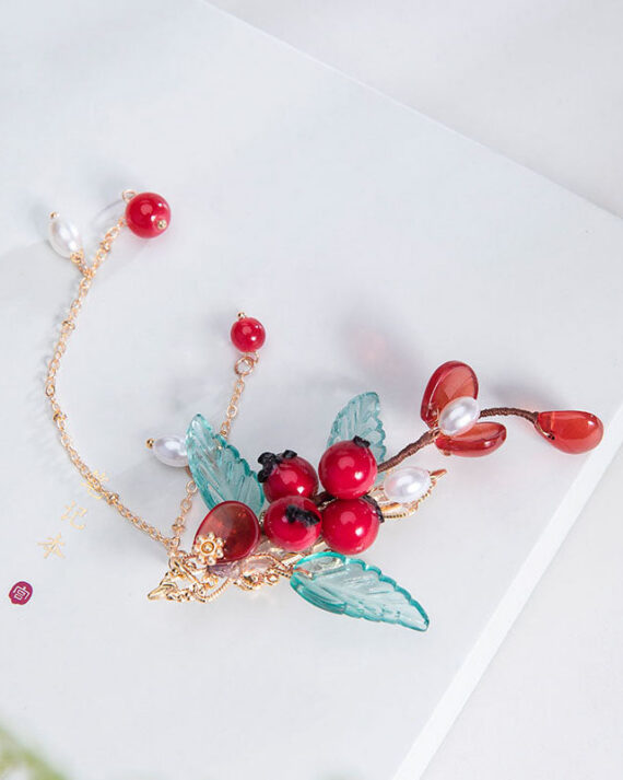 Chinese Style Multicolor Copper Overgild Pearl Coloured Glaze Leaf A Pair Hairpin