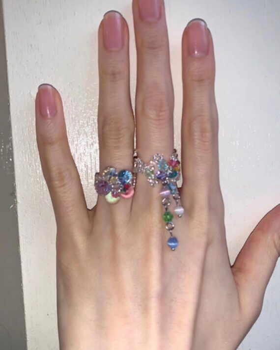 Women Rainbow Crystal Pearl Floral Tassel Rings