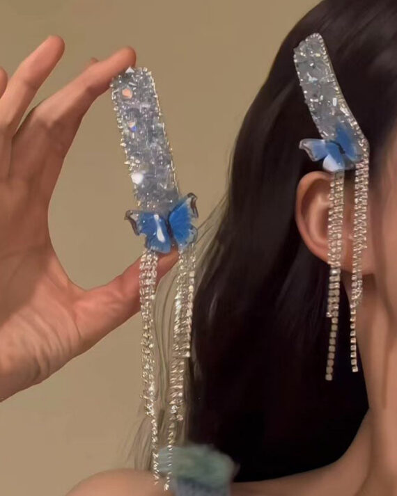 Boho Blue Alloy Zircon Butterfly Tassel A Pair Hairpin