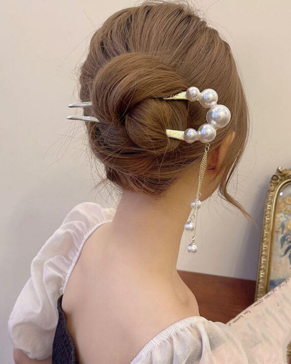 Classy Gold Sterling Silver Alloy Pearl Tassel U Shaped Hairpin