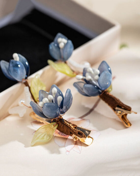 Chinese Style Blue Copper Overgild Pearl Colored Glaze Lotus A Pair Hairpin