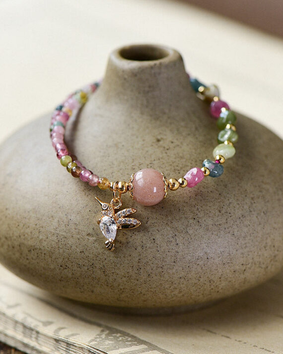 Cute Pink 14K Gold Zircon Jade Crystal Charm Bracelet