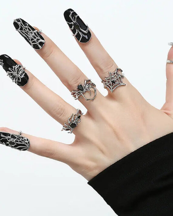 Adjustable Silver Spider Rings Set