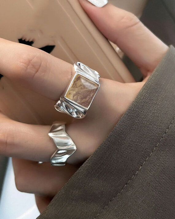 New Silk Sterling Silver Wrapped Silk Candy And Wrinkled Edges And Corners Rings Two Piece Set