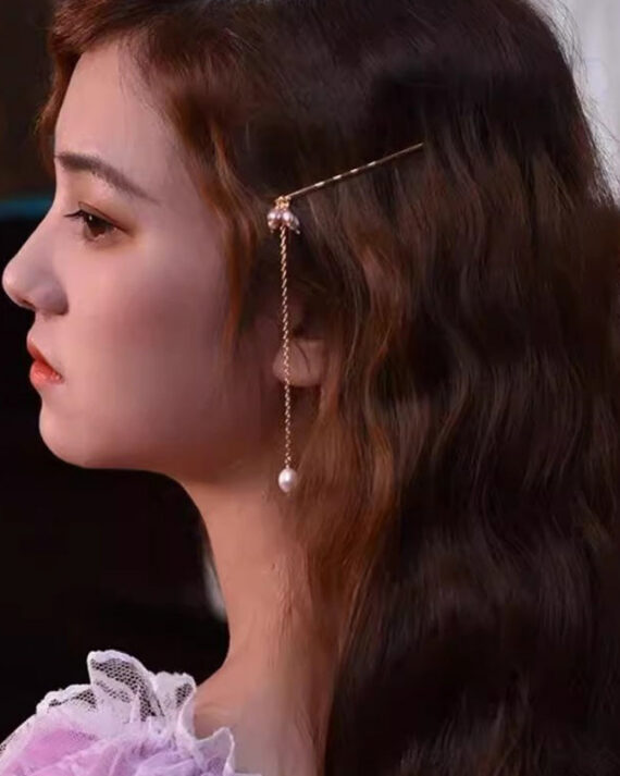 Simple Gold Metal Overgild Pearl Tassel Hairpin