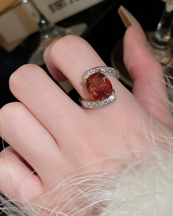 Adjustable Geometric Rhine Red Stones Ring