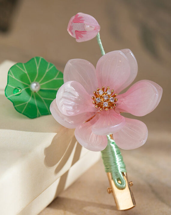 Cute Pink Alloy Chiffon Colored Glaze Pearl Lotus Tassel Hairpin