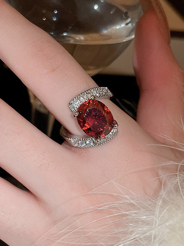 Adjustable Geometric Rhine Red Stones Ring